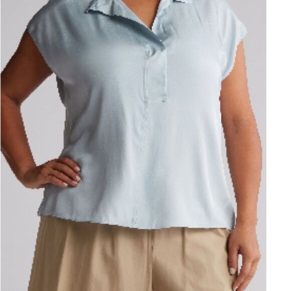 Vince Blue Boxy Cap Sleeve Polo Button Down Shirt - Picture 1 of 4